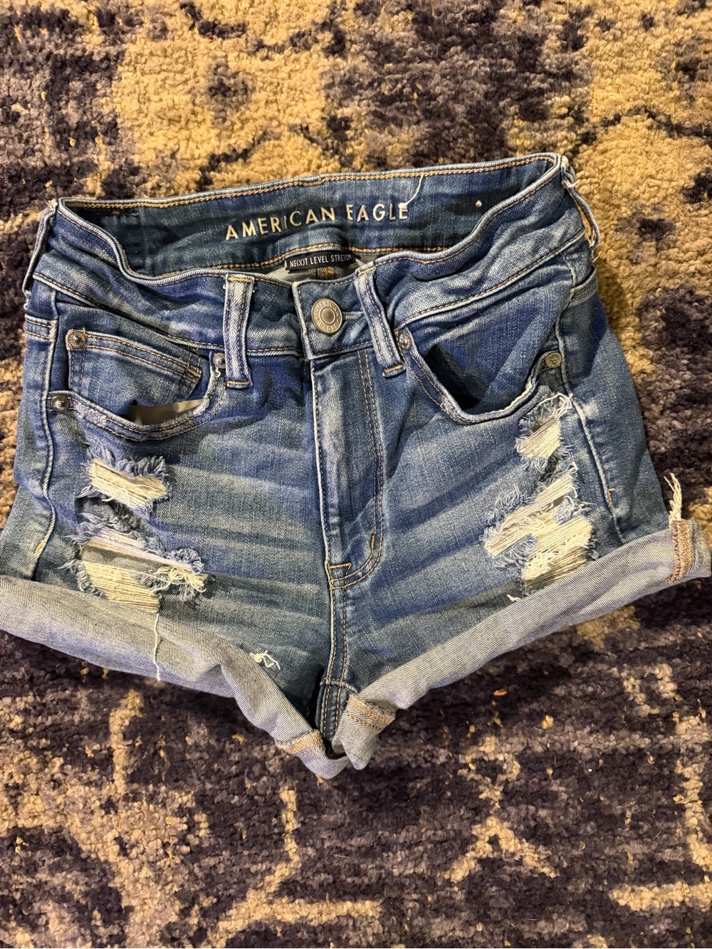 American Eagle Outfitters Distressed Rolled-Hem Denim Shorts - Blue Wash